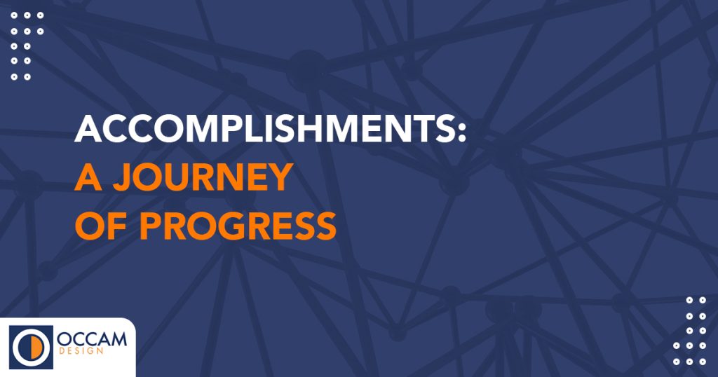 This subheader graphic has a webbed texture in the background and it states, "ACCOMPLISHMENTS: A JOURNEY OF PROGRESS"